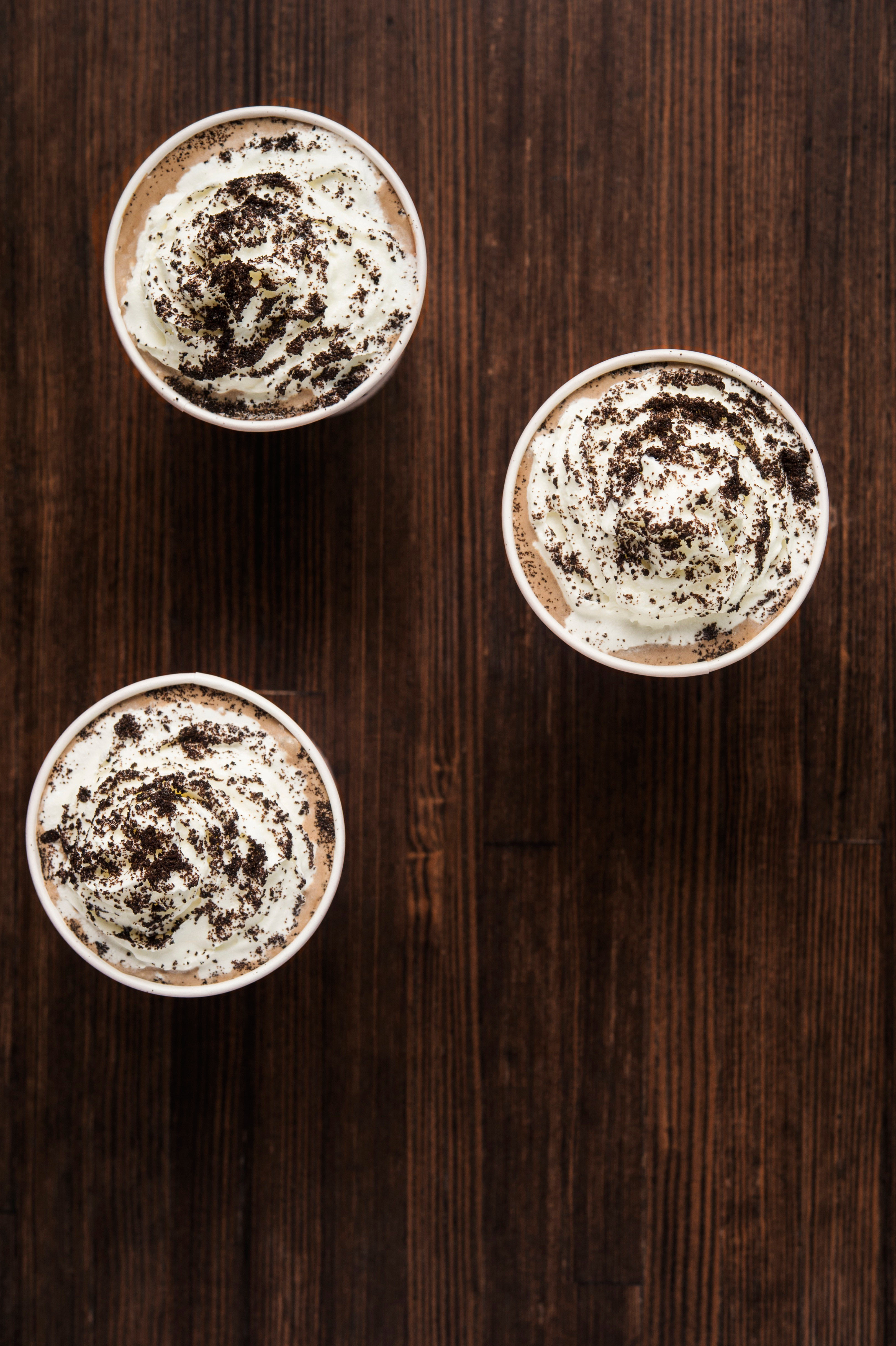 Image of three Chocolate Cookies & Cream shakes top down view