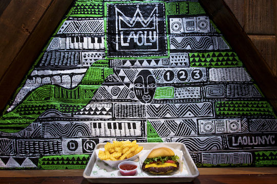 Shake shack burger and fries on a tray in front of painted wall in the background