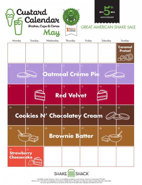 Shake Shack custard calendar May - Week 1: Caramel Pretzel, Week 2: Oatmeal Creme Pie, Week 3: Red Velvet, Week 4: Cookies N' Chocolatey Cream, Week 5: Brownie Batter, Week 6: Strawberry Cheesecake