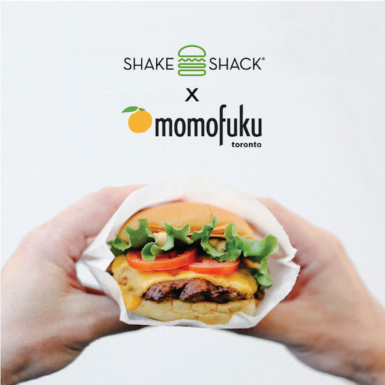 shake shack burger with shake shack logo and momofuku toronto logo