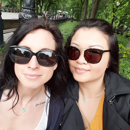 jessica and julia in sunglasses posing in the park