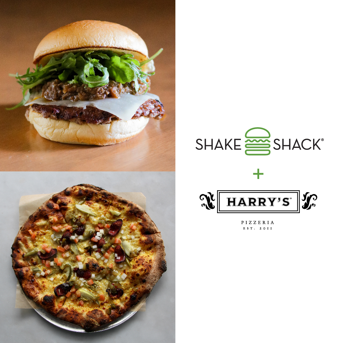 Shake Shack and Harry's Pizzeria collaboration graphic with picture of a burger and picture of a pizza