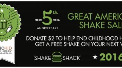 5th anniversary Great American Shake Sale. Donate $2 to help end childhood hunger. Get a free shake on your next visit! 2016. Image also has icon of a badge with an eagle holding two shakes, above text that says No Kid Hungry.